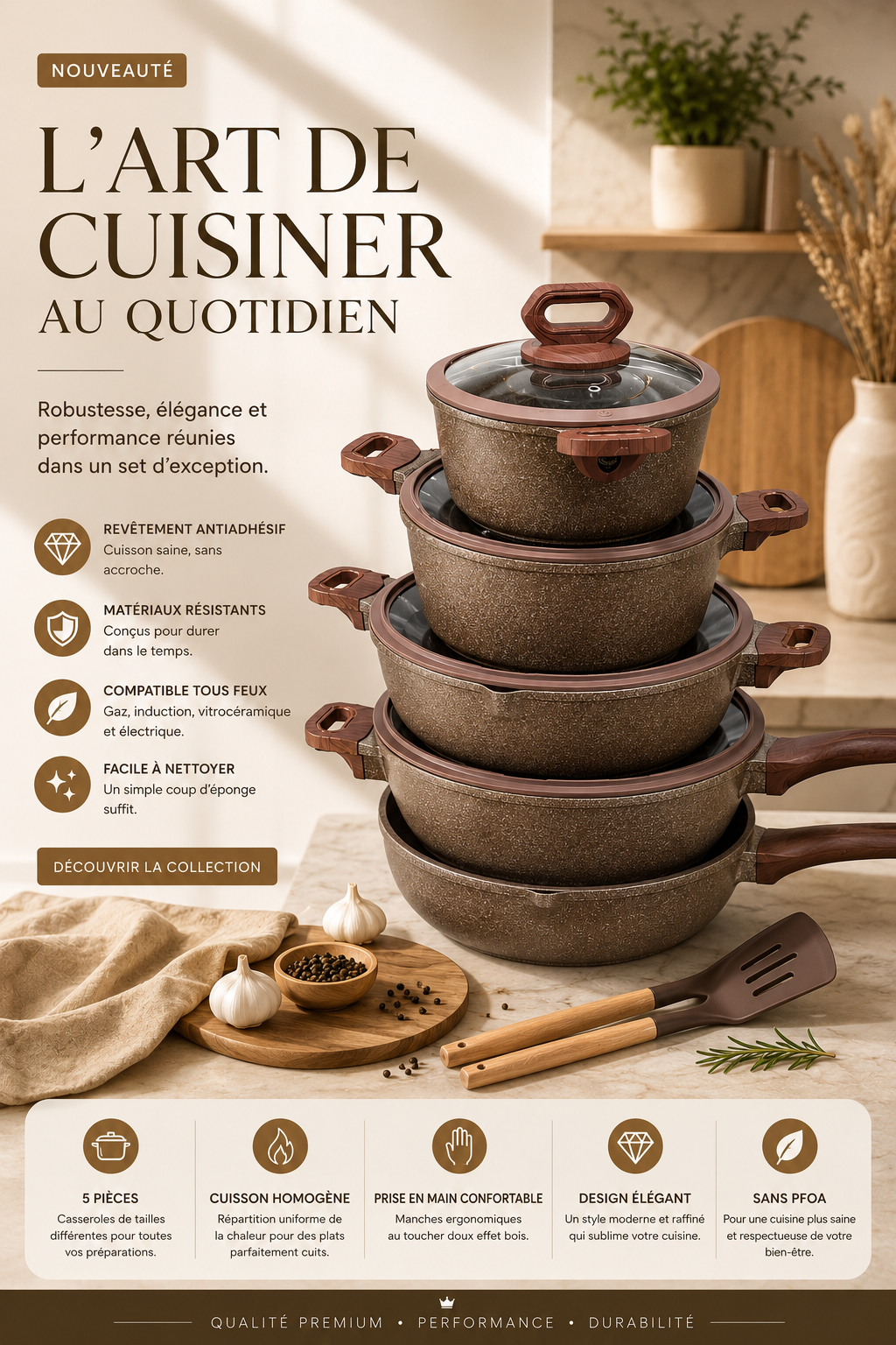 Casseroles marron 5 pièces 2 louches