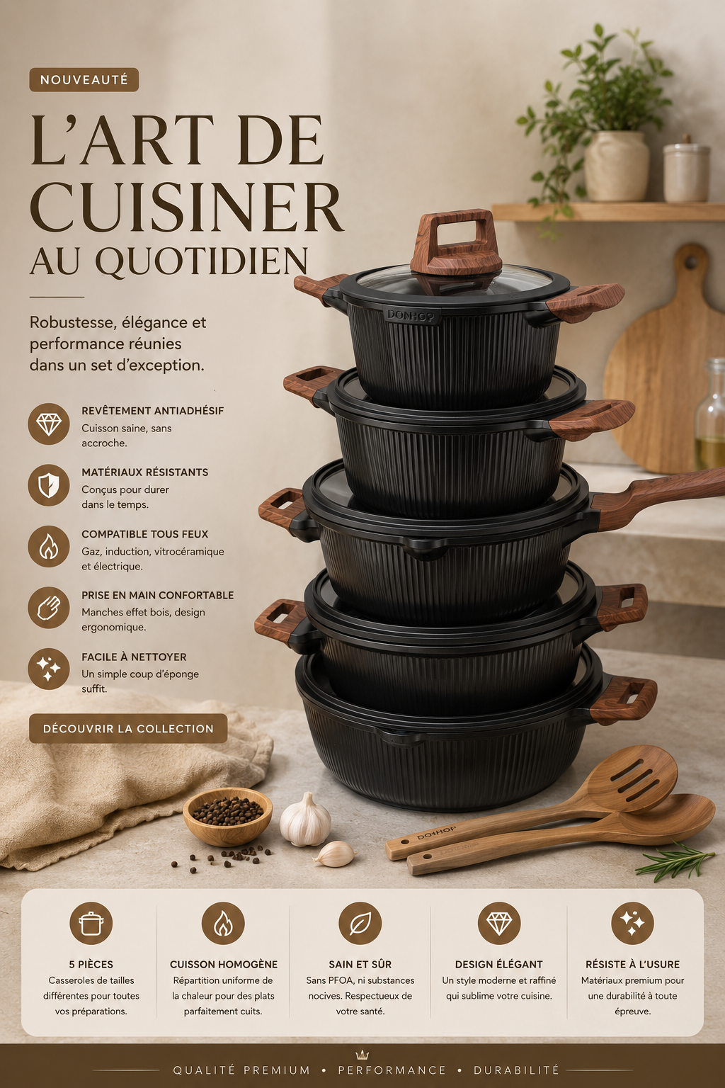 Casseroles noire 5 pièces 2 louches